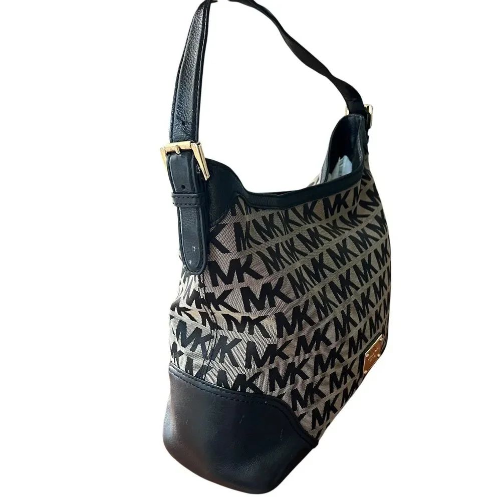 Michael Kors Hobo Bag Womens Large Black Logo Canvas Leather Shoulder Junie - Picture 3 of 13